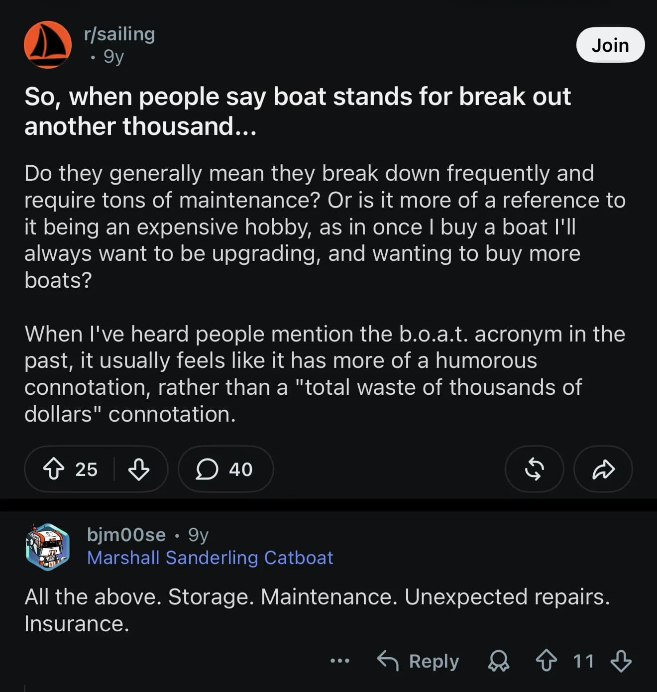 A post on the r/sailing forum asking whether people who say boat stands for break out another thousand mean that boats break down frequently and need constant maintenance, or that boating is an expensive hobby with endless upgrades. The top reply reads: All the above. Storage. Maintenance. Unexpected repairs. Insurance.
