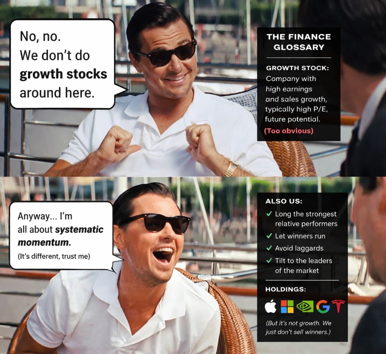 Wolf of Wall Street meme: 'We don't do growth stocks around here' while holding a portfolio of AAPL, MSFT, NVDA, GOOGL, META through a systematic momentum strategy