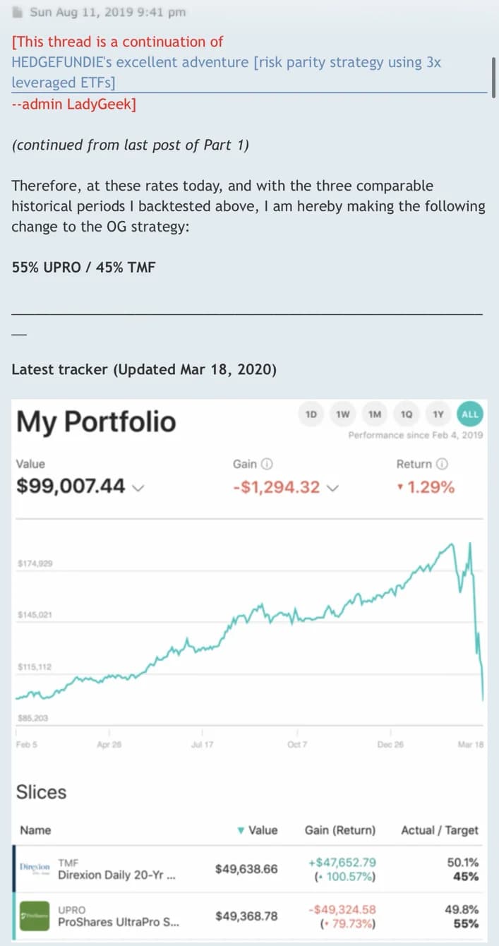 Bogleheads post from August 2019 announcing the change to 55% UPRO and 45% TMF, followed by a portfolio tracker updated March 18 2020 showing a value of $99,007.44, a gain of negative $1,294.32 and a return of negative 1.29% since February 4 2019, with TMF up 100.57% and UPRO down 79.73%.
