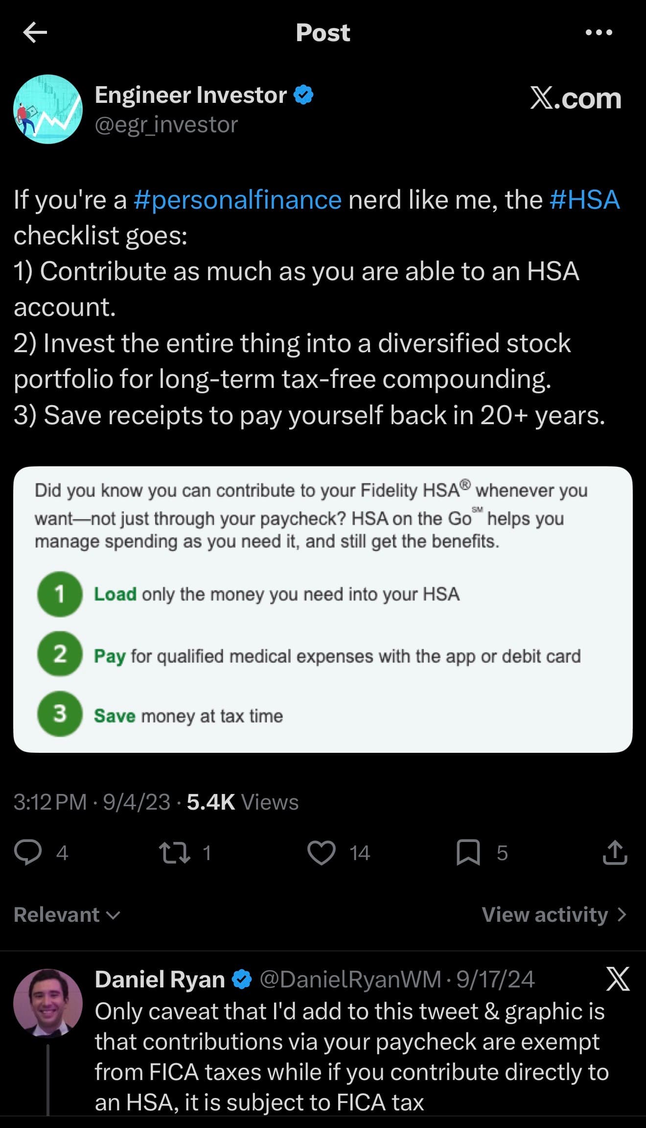 Engineer Investor tweet: HSA checklist: 1) Contribute max, 2) Invest in diversified stock portfolio for tax-free compounding, 3) Save receipts to pay yourself back in 20+ years