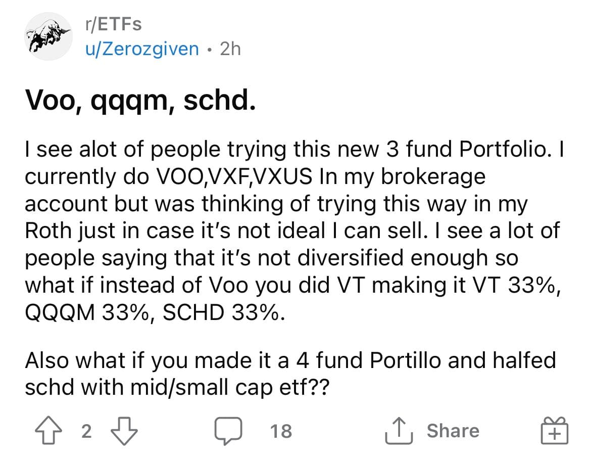 Reddit r/ETFs post: user asks about VOO, QQQM, SCHD three-fund portfolio, noting many say it is not diversified enough and asking about substituting VT.