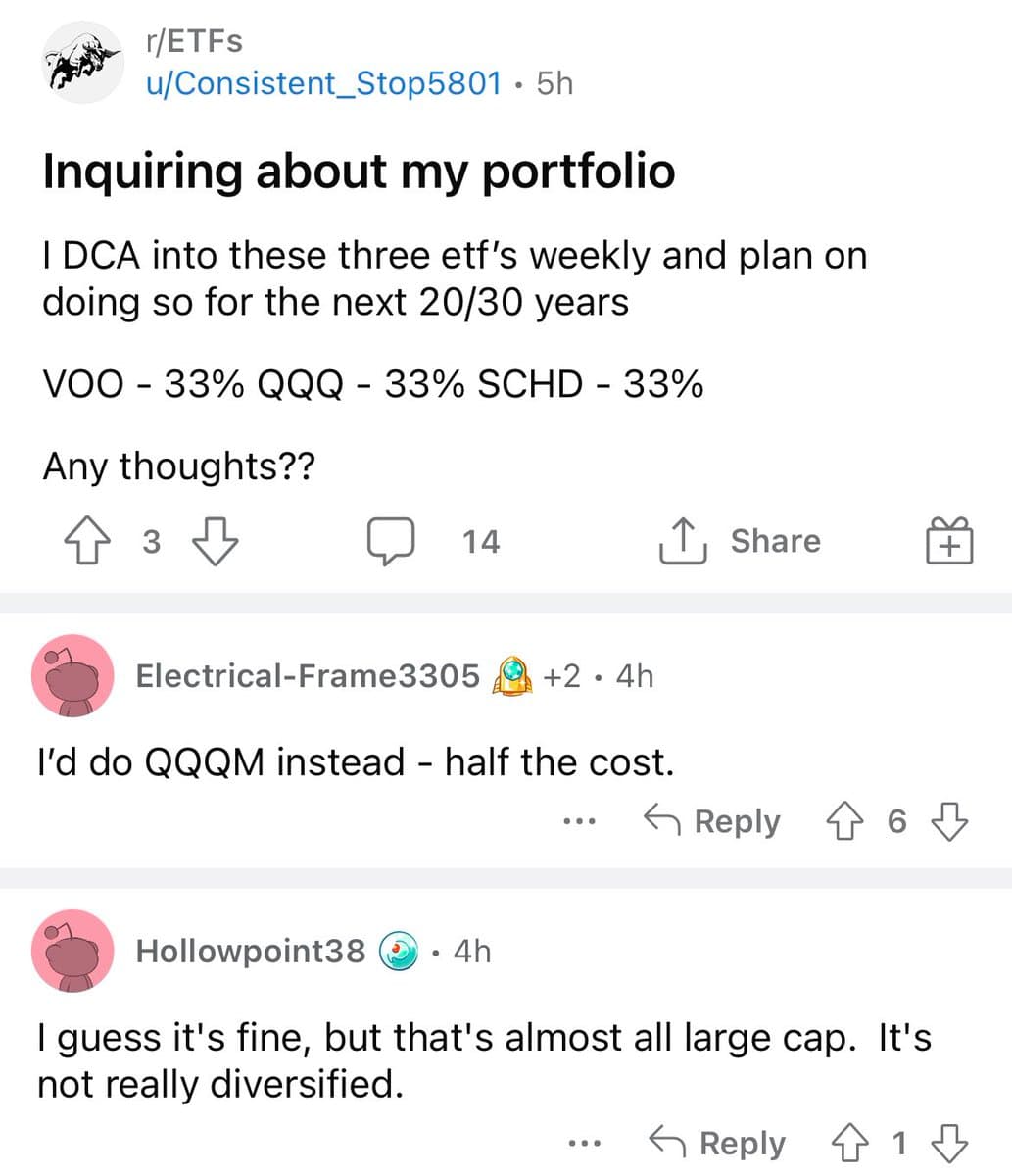 Reddit r/ETFs post: user asks about VOO 33%, QQQ 33%, SCHD 33% portfolio for 20-30 years. Reply: it is fine but almost all large cap, not really diversified.