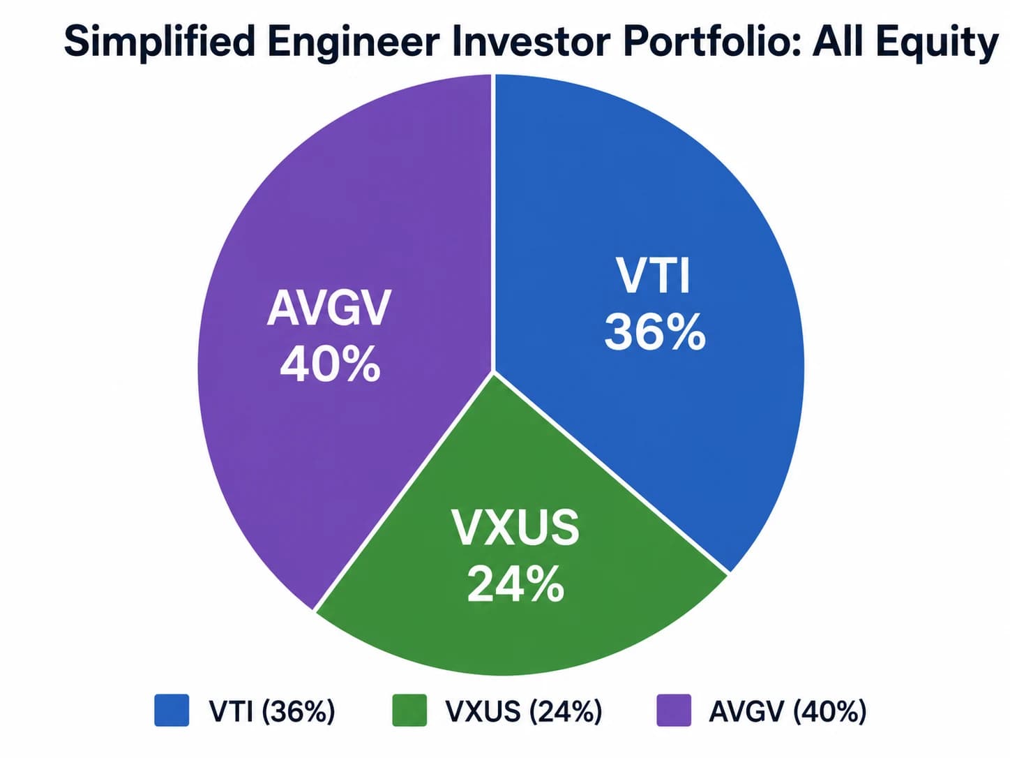 Pie chart of the simplified all-equity Engineer Investor portfolio: 36% VTI, 24% VXUS, 40% AVGV
