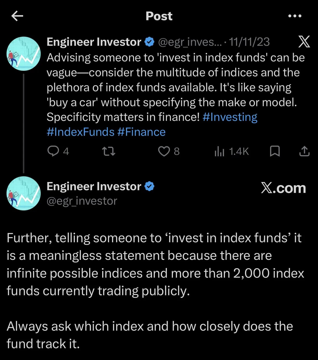 Engineer Investor tweet: advising someone to invest in index funds can be vague; it is like saying buy a car without specifying the make or model.
