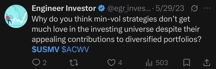 Engineer Investor post from May 29, 2023 asking why min-vol strategies don't get much love in the investing universe despite their appealing contributions to diversified portfolios, tagging USMV and ACWV.