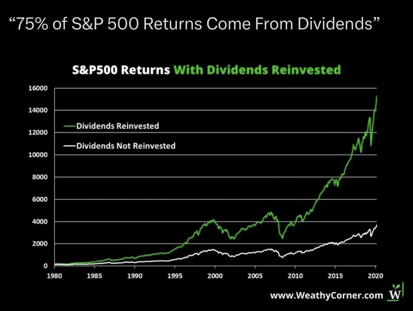 Viral chart titled '75% of S&P 500 Returns Come From Dividends' showing a green 'Dividends Reinvested' line far above a white 'Dividends Not Reinvested' line from 1980 to 2020